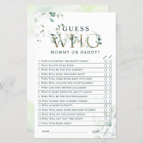 Eucalyptus Gold Letter Mom or Dad Baby Shower Game