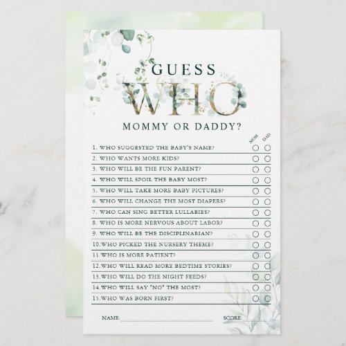 Eucalyptus Gold Letter Mom or Dad Baby Shower Game
