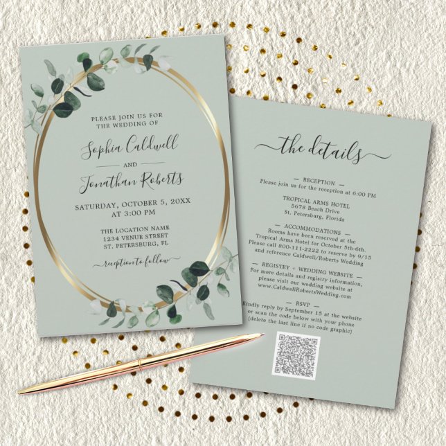 Eucalyptus Gold Metallic Sage All in One Wedding Invitation (Creator Uploaded)