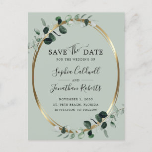 Eucalyptus Gold Metallic Sage Save the Date Announcement Postcard
