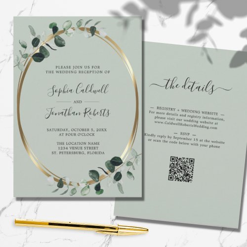 Eucalyptus Gold Metallic Sage Wedding Reception Invitation