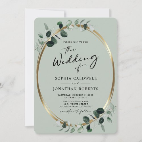 Eucalyptus Gold Modern Calligraphy Sage Wedding Invitation