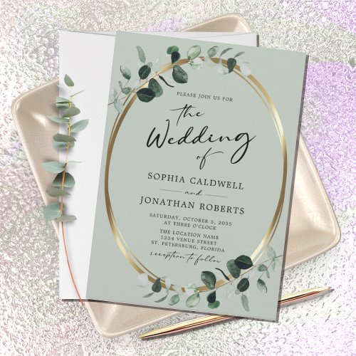 Eucalyptus Gold Modern Calligraphy Sage Wedding Invitation