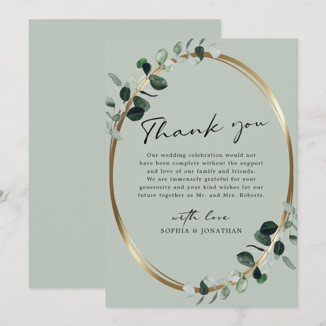 Eucalyptus Gold Modern Calligraphy Sage Wedding Thank You Card (Front/Back)
