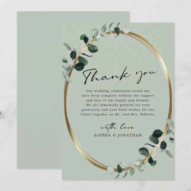 Eucalyptus Gold Modern Calligraphy Sage Wedding Thank You Card | Zazzle