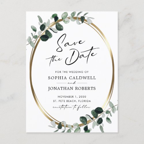 Eucalyptus Gold Modern Calligraphy Save the Date Announcement Postcard