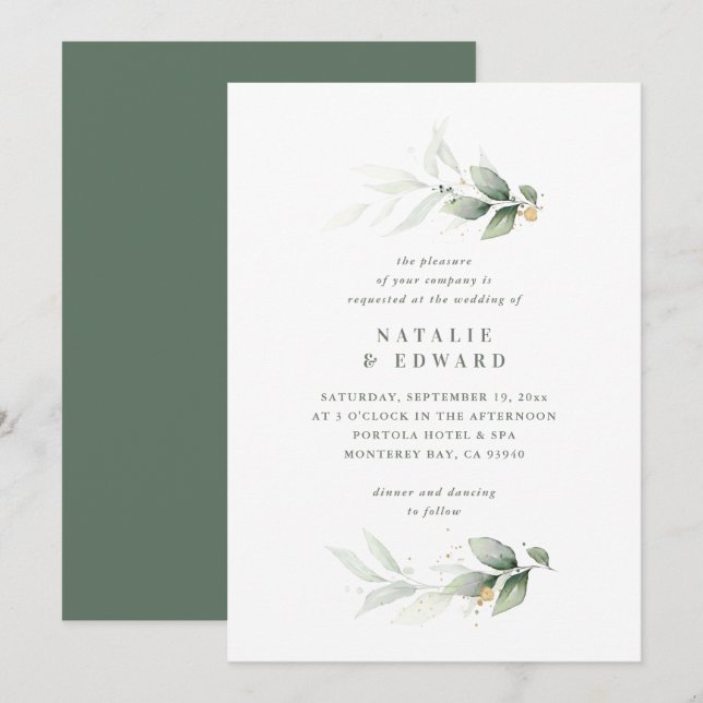 Eucalyptus gold modern minimal elegant wedding (Front/Back)