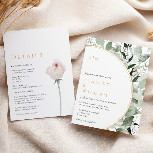 Eucalyptus Gold Modern Monogram Wedding All In One Invitation