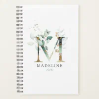 Eucalyptus Gold Monogram Initial M Floral Greenery Notebook