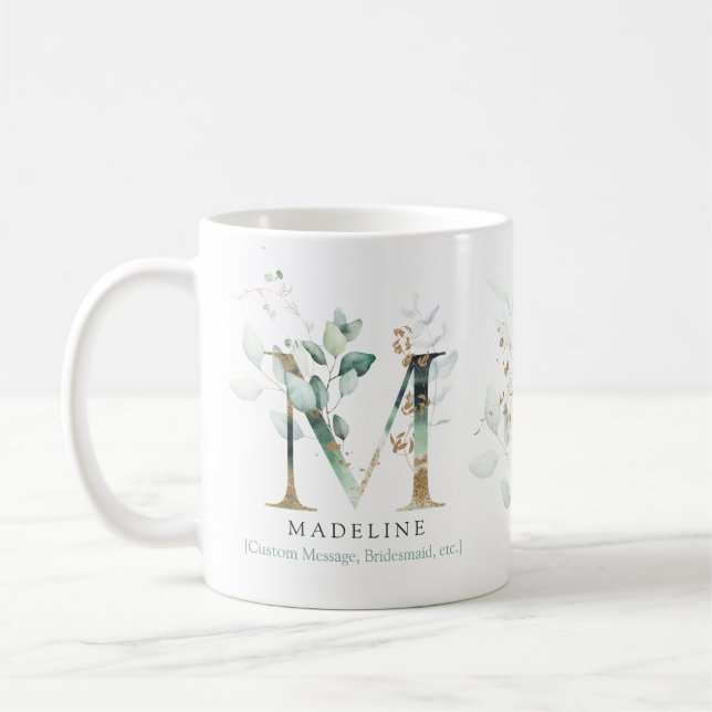 Eucalyptus Gold Monogram Initial M Greenery Chic Coffee Mug (Left)