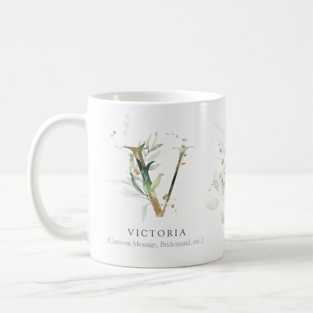 Eucalyptus Gold Monogram Initial V Greenery Chic Coffee Mug (Left)
