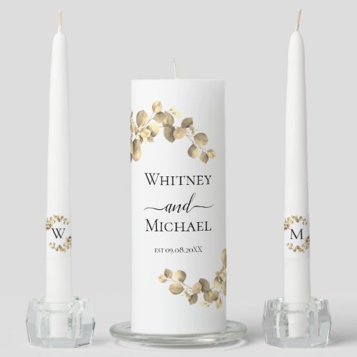 Eucalyptus gold Monogram script name  Wedding Unity Candle Set