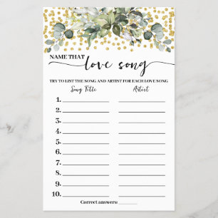 Eucalyptus Gold Name Love Song Shower Game Card Flyer
