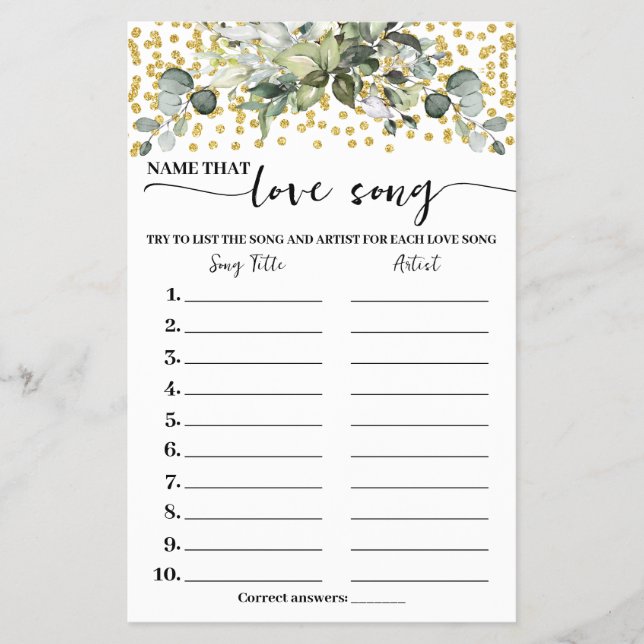 Eucalyptus Gold Name Love Song Shower Game Card Flyer (Front)
