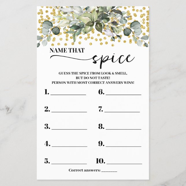 Eucalyptus Gold Name that Spice Shower Game Card Flyer (Front)