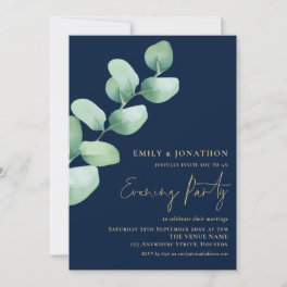 Eucalyptus Gold Navy Blue Wedding Evening Party Invitation