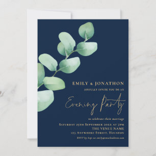 Eucalyptus Gold Navy Blue Wedding Evening Party Invitation
