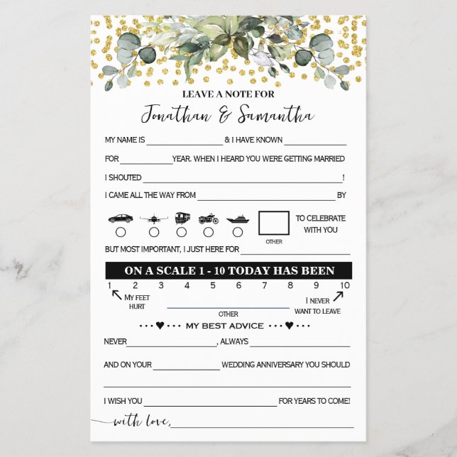 Eucalyptus Gold Note for Couple Wedding Game Card Flyer (Front)