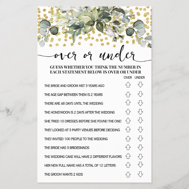 Eucalyptus Gold Over or Under Shower Game Card Flyer (Front)