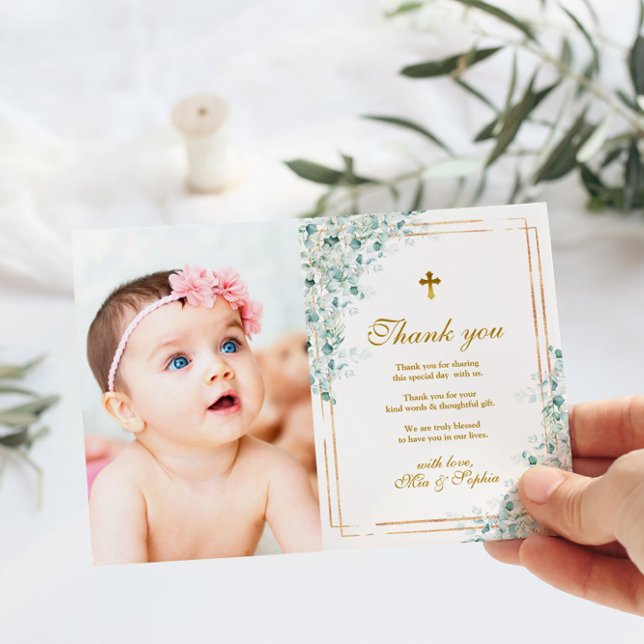 Eucalyptus & Gold Photo Baptism Thank You Card (Creator Uploaded)
