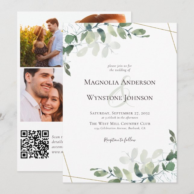Eucalyptus Gold Photo QR Code Itinerary Wedding Invitation (Front/Back)