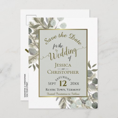 Eucalyptus  Gold Pine Gray Wedding Save the Date Announcement Postcard