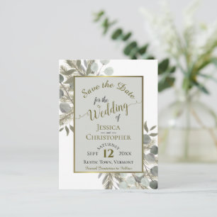 Eucalyptus & Gold Pine Gray Wedding Save the Date Announcement Postcard