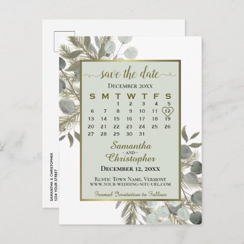 Eucalyptus  Gold Pine Sage Save the Date Calendar Announcement Postcard