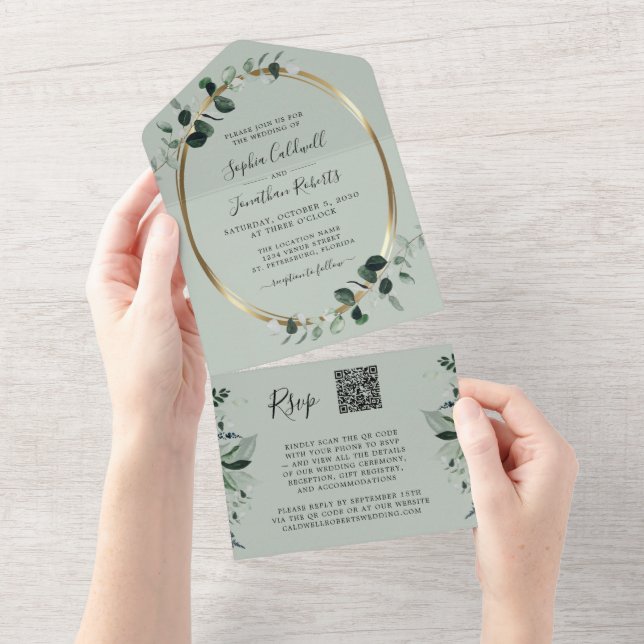 Eucalyptus Gold QR Code RSVP Sage Wedding All In One Invitation (Tearaway)