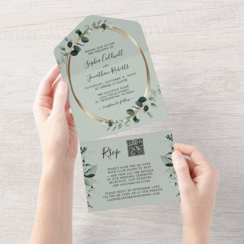 Eucalyptus Gold QR Code RSVP Sage Wedding All In One Invitation