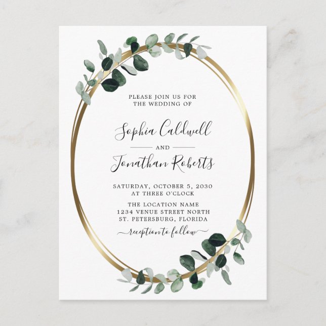 Eucalyptus Gold QR Code RSVP Wedding  Invitation Postcard (Front)
