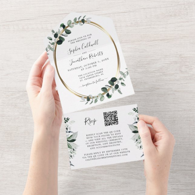 Eucalyptus Gold QR Code RSVP White Sage Wedding All In One Invitation (Tearaway)