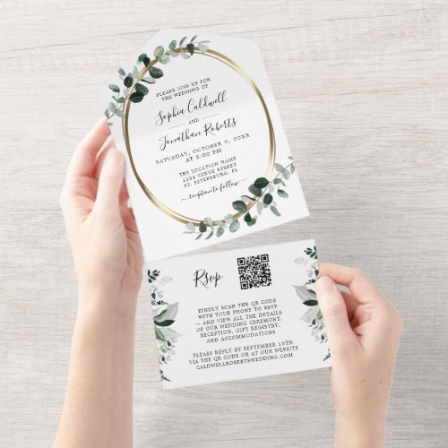 Eucalyptus Gold QR Code RSVP White Sage Wedding All In One Invitation