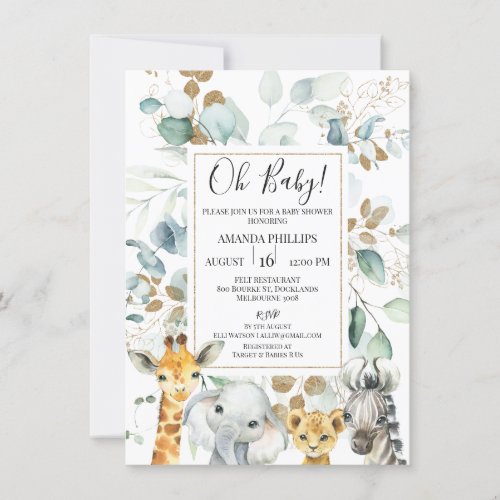 Eucalyptus Gold Safari Animals Baby Shower Invitation - Eucalyptus Gold Safari Animals Baby Shower Invitation 
 
Sweet safari themed baby shower invitation featuring four cute watercolor safari animals and some gray and gold eucalyptus foliage .   All text is editable making this a very flexible template.  This safari animals and foliage baby shower invitation is a sweet way to invite guests to a gender neutral safari animals themed baby shower.