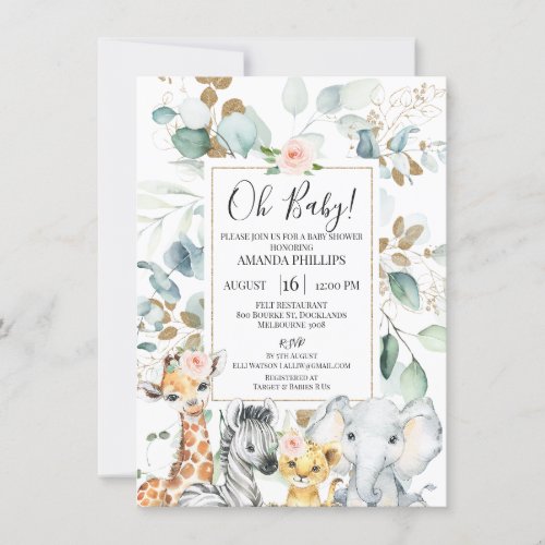 Eucalyptus Gold Safari Animals Girls Baby Shower Invitation