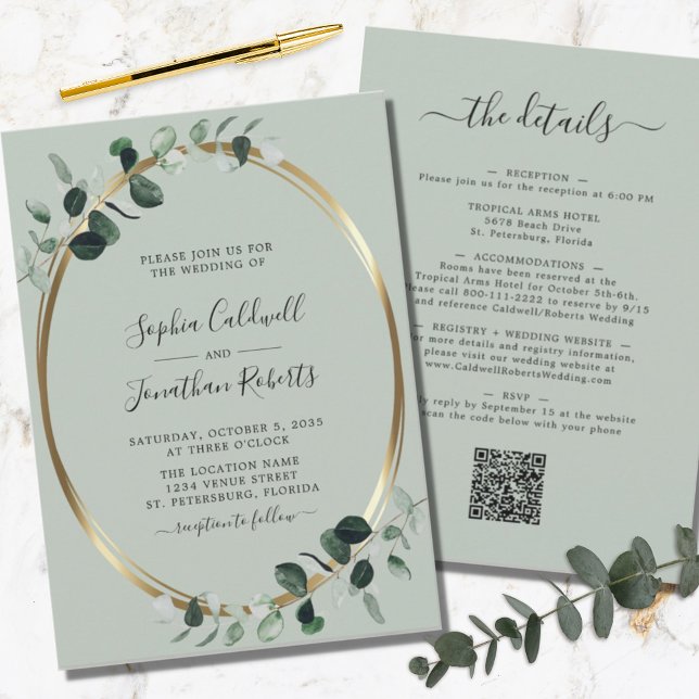 Eucalyptus Gold Sage All in One Details Wedding Invitation (Creator Uploaded)