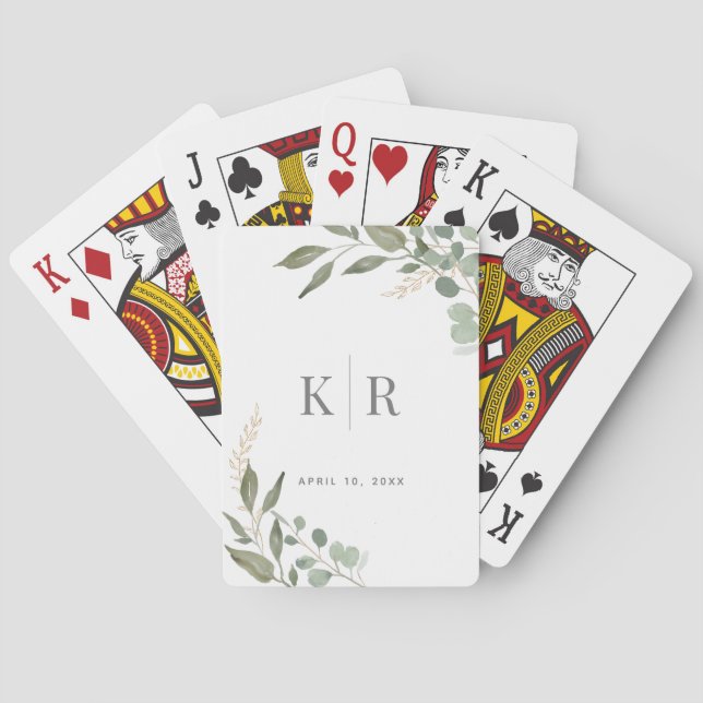 Eucalyptus Gold Sage Green Monogram Wedding Poker Cards (Back)