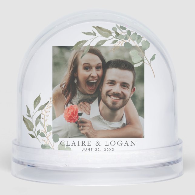 Eucalyptus Gold Sage Green Wedding Couple Snow Globe (Front)