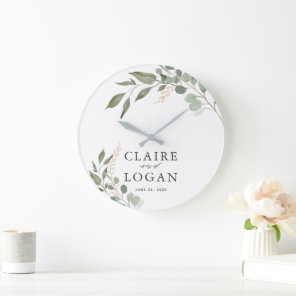 Eucalyptus Gold Sage Green Wedding Large Clock