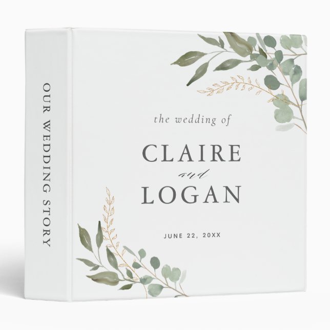 Eucalyptus Gold Sage Green Wedding Photo Album 3 Ring Binder (Front/Spine)