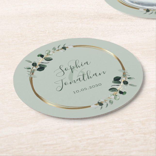 Eucalyptus Gold Sage Personalized Wedding Round Paper Coaster (Angled)