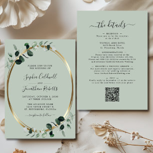 Eucalyptus Gold Sage QR Code All in One Wedding Invitation