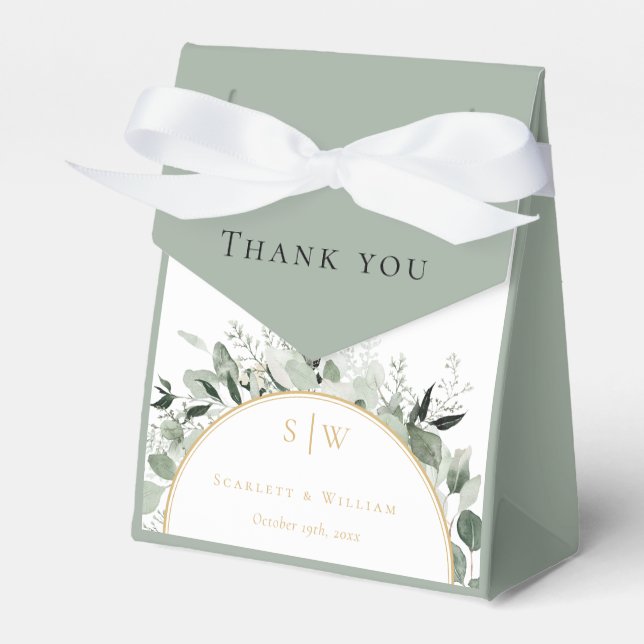 Eucalyptus Gold Sage Wedding Thank You Monogram Favor Boxes (Front Side)