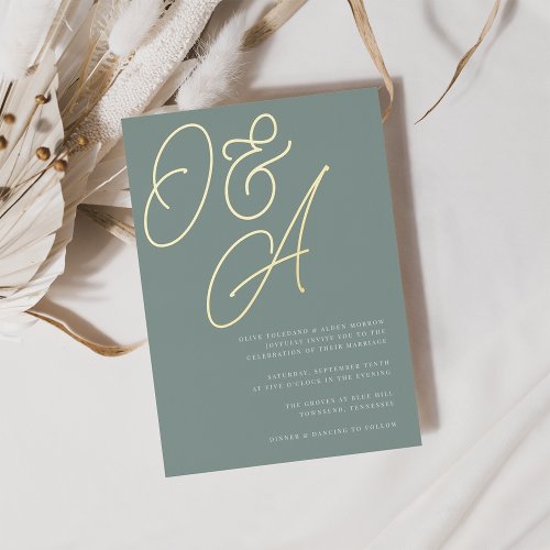 Eucalyptus  Gold Script Monogram Wedding Foil Invitation