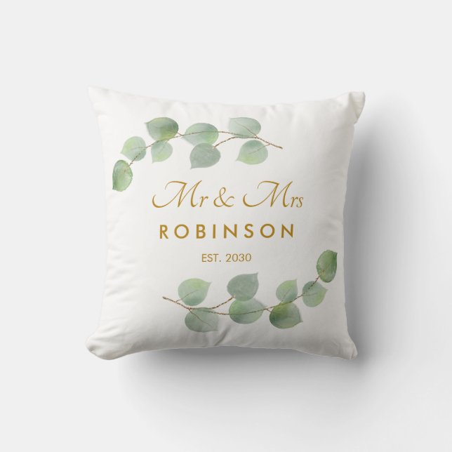 Eucalyptus Gold Script Mr and Mrs Wedding Gift Throw Pillow (Front)