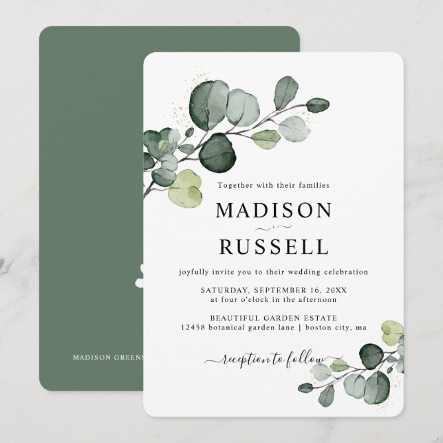 Eucalyptus Gold Splatter Greenery Wedding Invitation (Front/Back)
