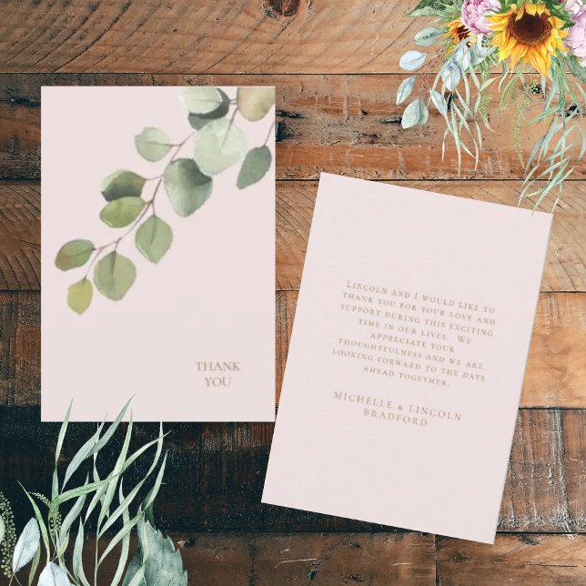 Eucalyptus Gold Text Blush Wedding Thank You Card (Creator Uploaded)