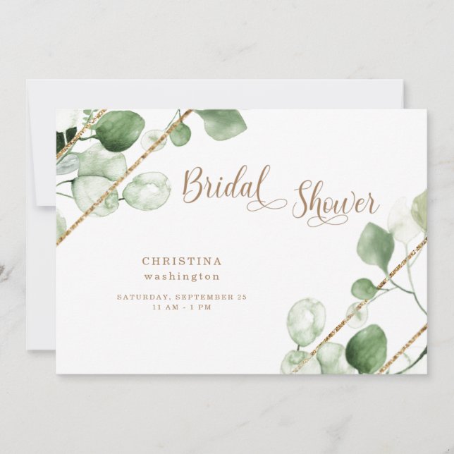 Eucalyptus Gold Text Bridal Shower Invitation (Front)