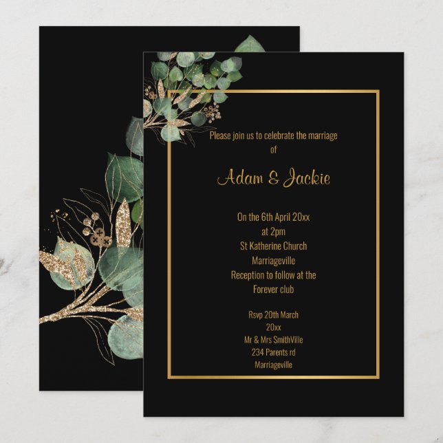 EUCALYPTUS GOLD TRIM ELEGANT WEDDING 2 INVITATION (Front/Back)