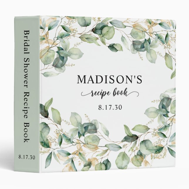 Eucalyptus Gold Watercolor Bridal Shower Recipe 3 Ring Binder (Front/Spine)